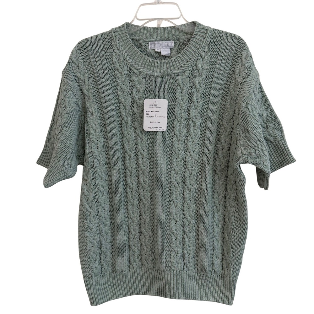 Trifles Vintage Silk Cotton Cable Knit Sweater Short Sleeve Seafoam Green L NWT‎
